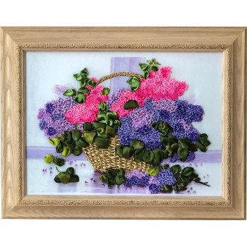 Lilacs in basket. Ribbon...